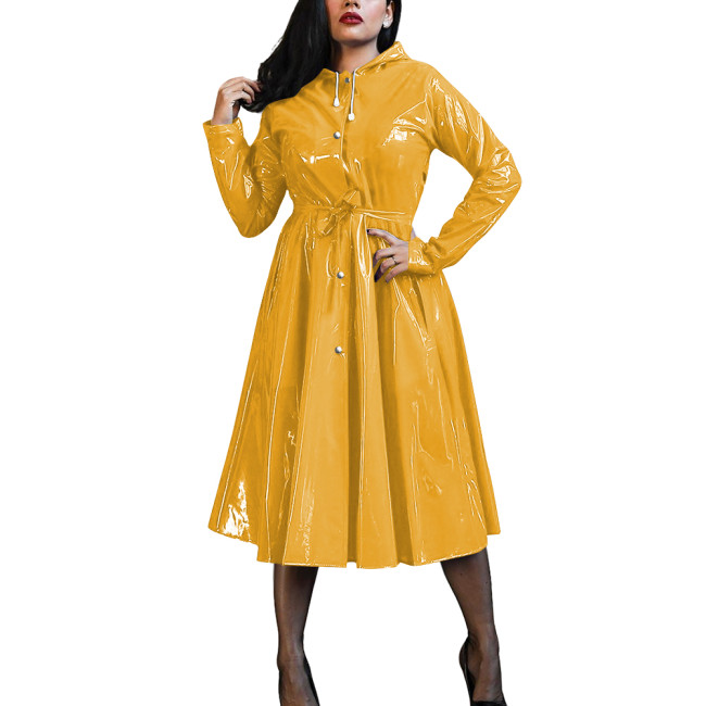 Plus Size Women's Midi Hood Dress Vinyl PVC Leather Long Sleeve Button Up A-Line Maxi Dresses Office Pleated Large-Hem Dresses