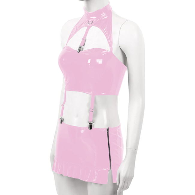 Sexy PVC Leather Dress Sets for Womens Wetlook Halter Neck Bra Crop Top Garter Belt Mini Skirt Rave Party Outfits Exotic Costume