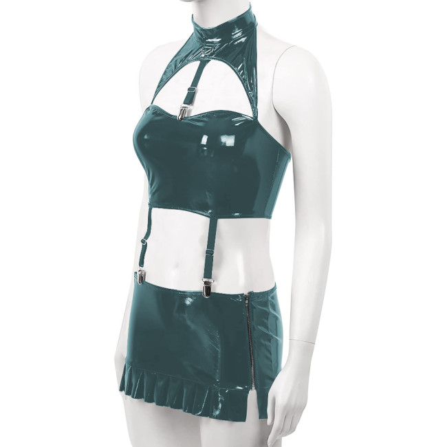 Sexy PVC Leather Dress Sets for Womens Wetlook Halter Neck Bra Crop Top Garter Belt Mini Skirt Rave Party Outfits Exotic Costume