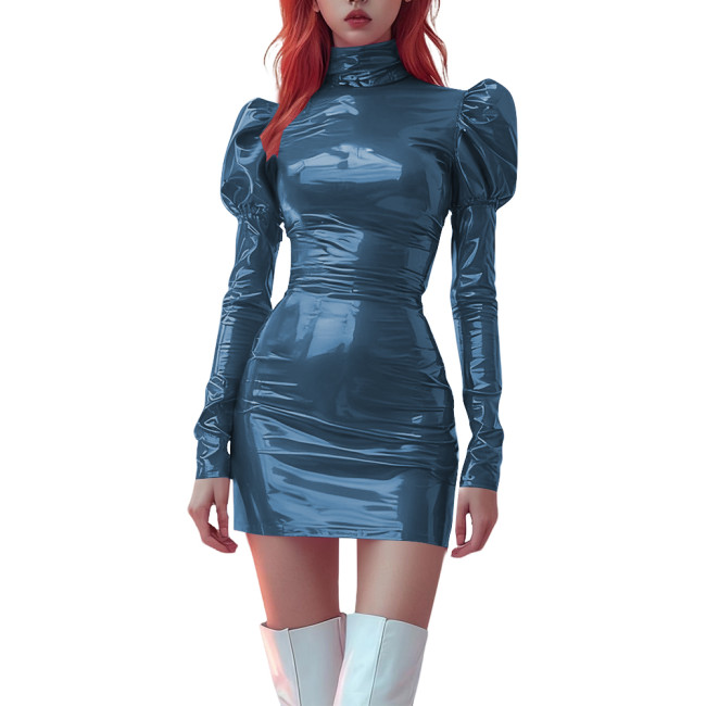 High Neck Bodycon PVC Vinyl Leather Mini Dress for Womens Party Puff Long Sleeve Tight Dress Ladies Stretchy Fashion Short Dress