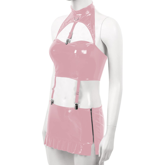 Sexy PVC Leather Dress Sets for Womens Wetlook Halter Neck Bra Crop Top Garter Belt Mini Skirt Rave Party Outfits Exotic Costume
