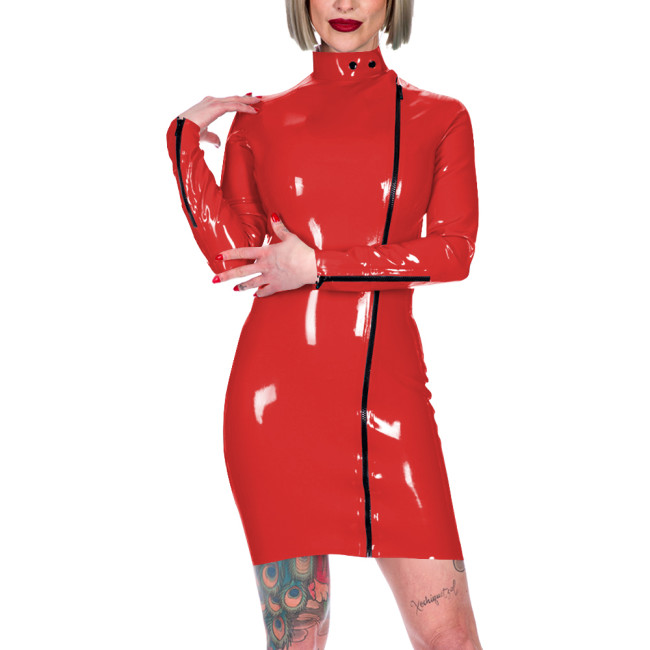 Chic Latex-look Bodycon Mini Dress High Neck Slim Party Club Leather PVC Dress Womens Elegant Front Zipper Skinny Dress Fetish