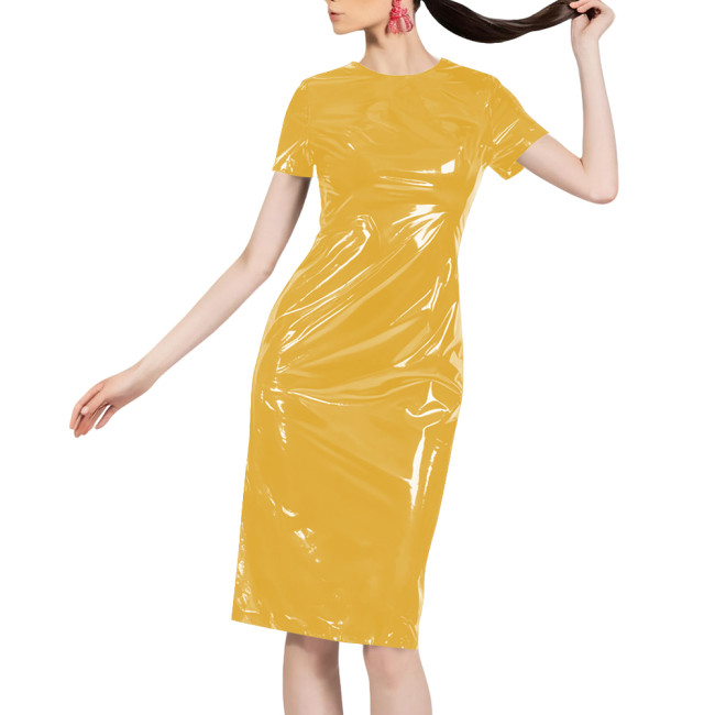Women Shiny Patent Leather O-neck Dress Glossy PVC Stretch Knee-length Casual Dresses Wetlook Streetwear Going Out Slim Clothing