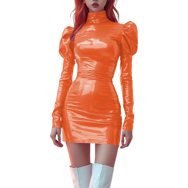 High Neck Bodycon PVC Vinyl Leather Mini Dress for Womens Party Puff Long Sleeve Tight Dress Ladies Stretchy Fashion Short Dress