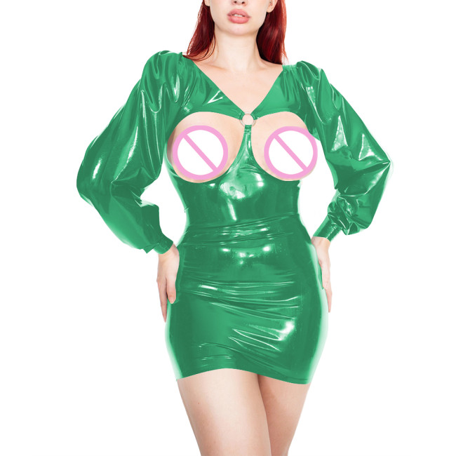 Sexy Erotic Open Cups Skinny Mini Dress with O-ring Detail Wetlook PVC Leather Puff Long Sleeves Tight Club Dress Novelty Dress