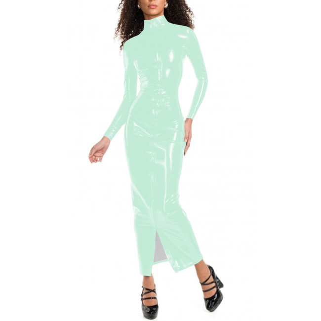 Women Bodycon High Neck Full Zip Long Dress Formal Elegant Skinny Dress Long Sleeve Vinyl PVC Leather Tight Party Club Dresses