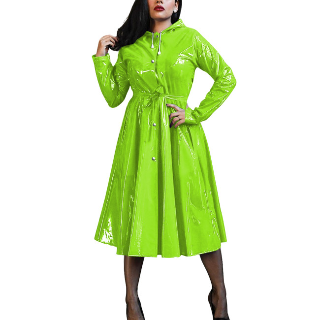 Plus Size Women's Midi Hood Dress Vinyl PVC Leather Long Sleeve Button Up A-Line Maxi Dresses Office Pleated Large-Hem Dresses