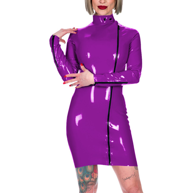 Chic Latex-look Bodycon Mini Dress High Neck Slim Party Club Leather PVC Dress Womens Elegant Front Zipper Skinny Dress Fetish