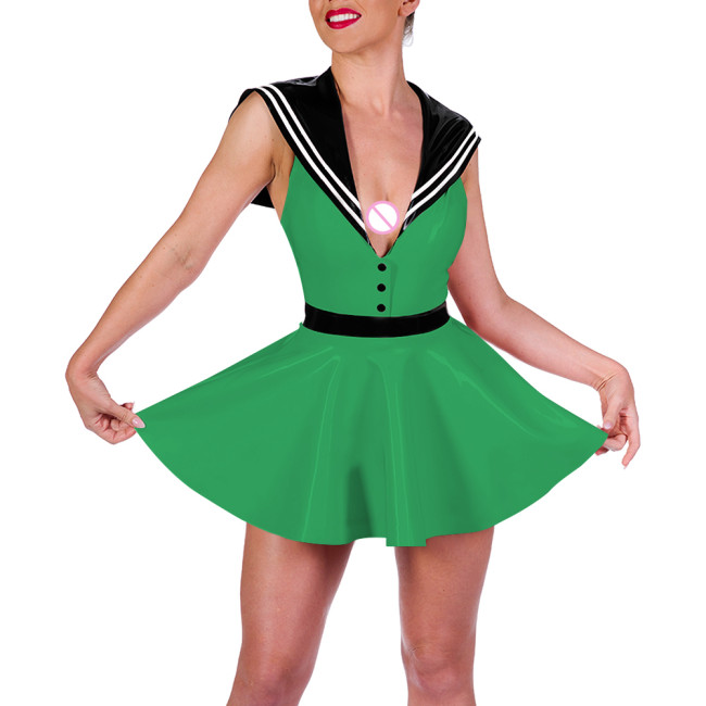 Lady Sailor Collar Sexy Mini Dress Glossy Leather PVC Preppy Style Lolita A-line Dress Womens Party Cosplay Navy Short Dresses