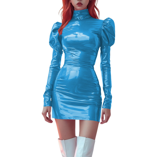 High Neck Bodycon PVC Vinyl Leather Mini Dress for Womens Party Puff Long Sleeve Tight Dress Ladies Stretchy Fashion Short Dress