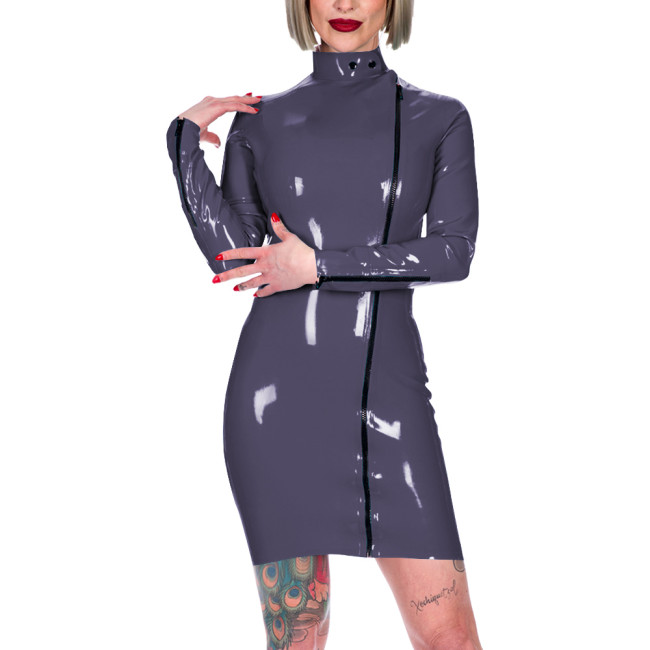 Chic Latex-look Bodycon Mini Dress High Neck Slim Party Club Leather PVC Dress Womens Elegant Front Zipper Skinny Dress Fetish