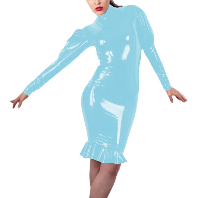Women Sexy Tight Latex-look Dress Vinyl PVC Leather Bodycon Mermaid Dress with Long Sleeve Design Knee-length Party Club Wear