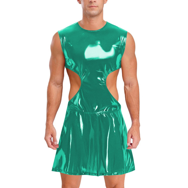Mens Sissy Wet Look Mini Dress Sleeveless Hollow Out PVC Shiny Leather Dress Male Clubwear Crossdress Raves Nightclub Costume