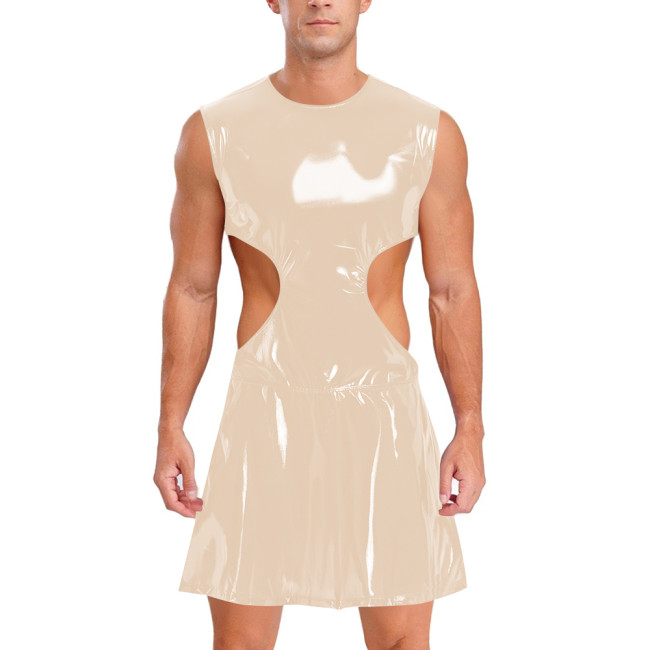 Mens Sissy Wet Look Mini Dress Sleeveless Hollow Out PVC Shiny Leather Dress Male Clubwear Crossdress Raves Nightclub Costume