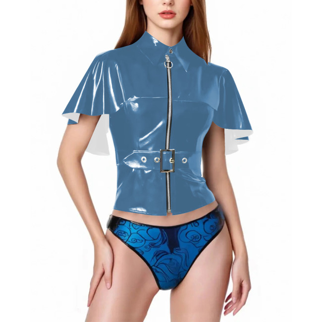 Women Vinyl PVC Leather Capelet Top Turn-down Neck Tank Shawl Jacket Female Chic Zipper Up Slim Cape Tops Plus Size Clubwear