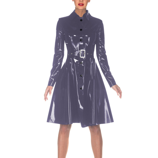 Women Elegant Vinyl PVC Leather Dress with Belt Turn-down Collar Trench Style Dresses Single-breasted Fashion Coat Clubwear