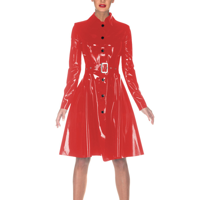 Women Elegant Vinyl PVC Leather Dress with Belt Turn-down Collar Trench Style Dresses Single-breasted Fashion Coat Clubwear