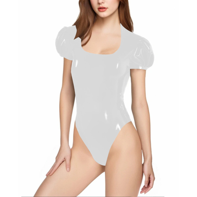 Sexy Scoop Neck Faux Latex Bodysuit Puff Short Sleeve Silm Rompers for Party Club Outfit PVC Shiny Leather Tops High Cut Catsuit