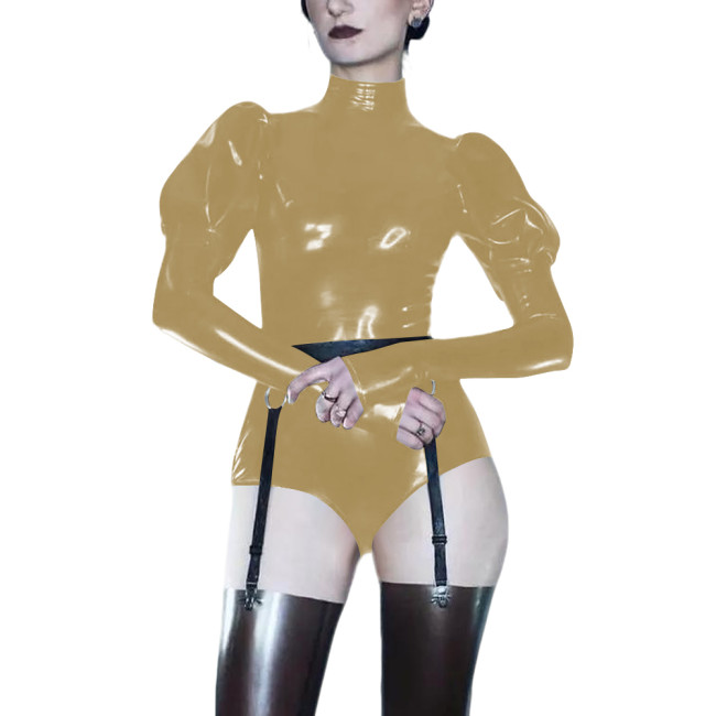 Women Turtleneck PVC Shiny Bodysuit Vinyl Patent Leather Long Sleeve Bodycon Jumpsuits Tight Tops Female Sexy Role Play Rompers