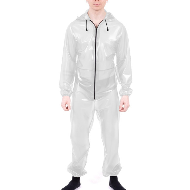 Club Sexy Clear Vinyl PVC Jumpsuit Long Sleeve Fetish Plastic Party Overalls with Hooded Male Zipper Front Cosplay Slim Rompers