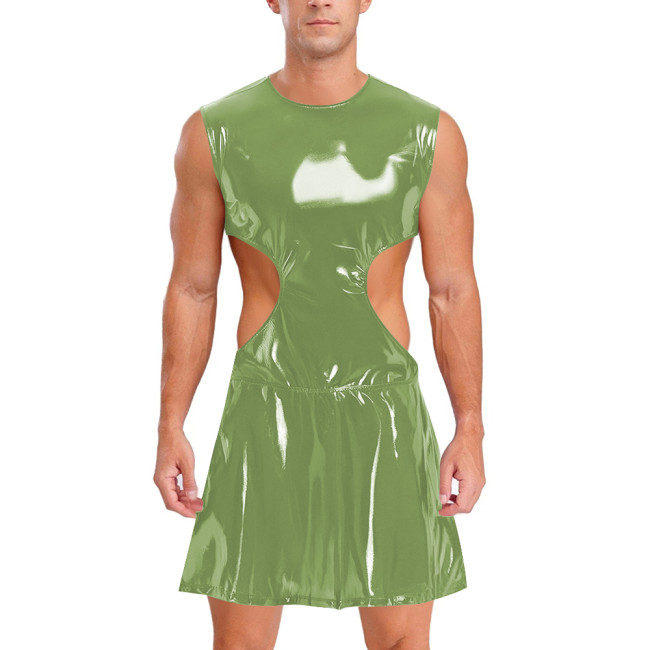 Mens Sissy Wet Look Mini Dress Sleeveless Hollow Out PVC Shiny Leather Dress Male Clubwear Crossdress Raves Nightclub Costume