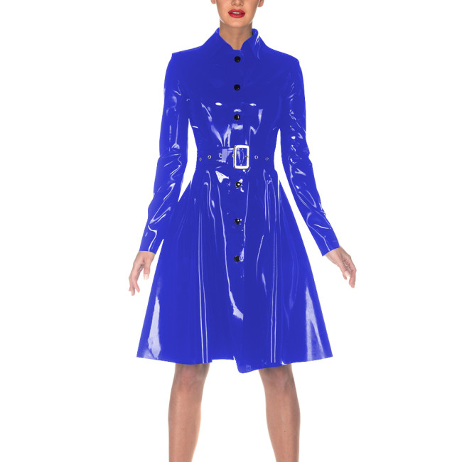 Women Elegant Vinyl PVC Leather Dress with Belt Turn-down Collar Trench Style Dresses Single-breasted Fashion Coat Clubwear