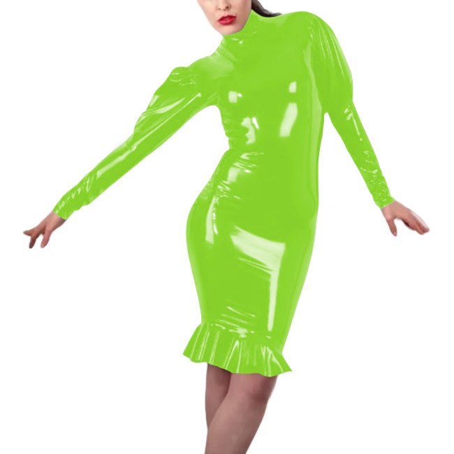 Women Sexy Tight Latex-look Dress Vinyl PVC Leather Bodycon Mermaid Dress with Long Sleeve Design Knee-length Party Club Wear