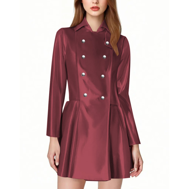 Elegant Ladies Fit and Flare Short Trench Coat Fashion Wetlook Double Breasted A-line Jackets PVC Shiny Leather Dress Streetwear
