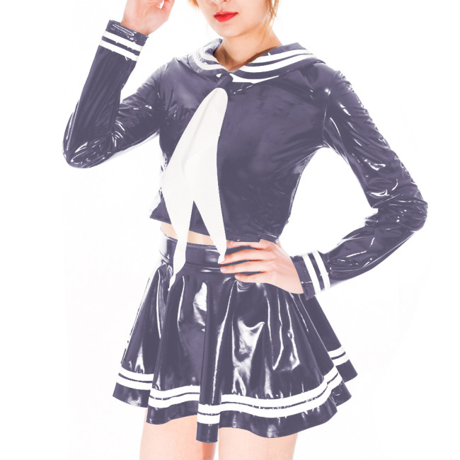 Wetlook Sexy PVC Shiny Sailor Dress Suit Crossdresser Cosplay Sailor Neck Long Sleeve Top High Waist Mini Skirts School Uniform