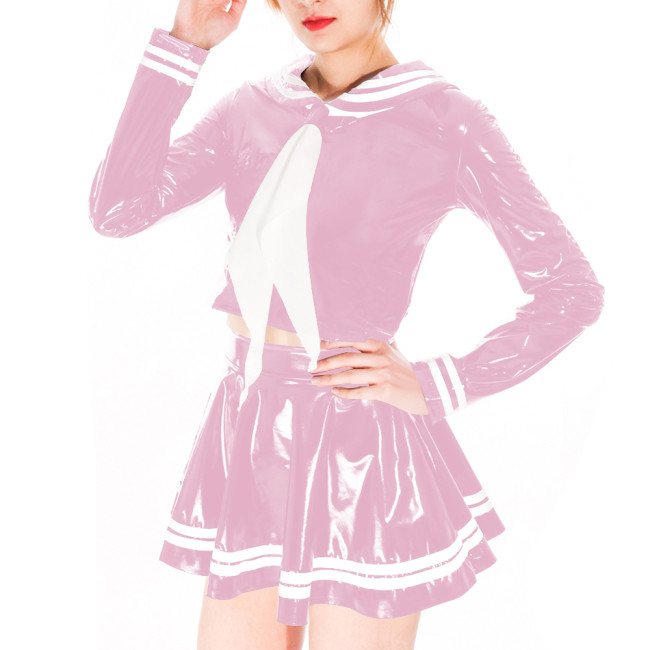 Wetlook Sexy PVC Shiny Sailor Dress Suit Crossdresser Cosplay Sailor Neck Long Sleeve Top High Waist Mini Skirts School Uniform