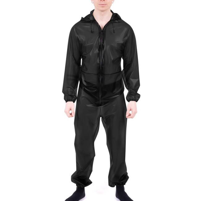 Club Sexy Clear Vinyl PVC Jumpsuit Long Sleeve Fetish Plastic Party Overalls with Hooded Male Zipper Front Cosplay Slim Rompers
