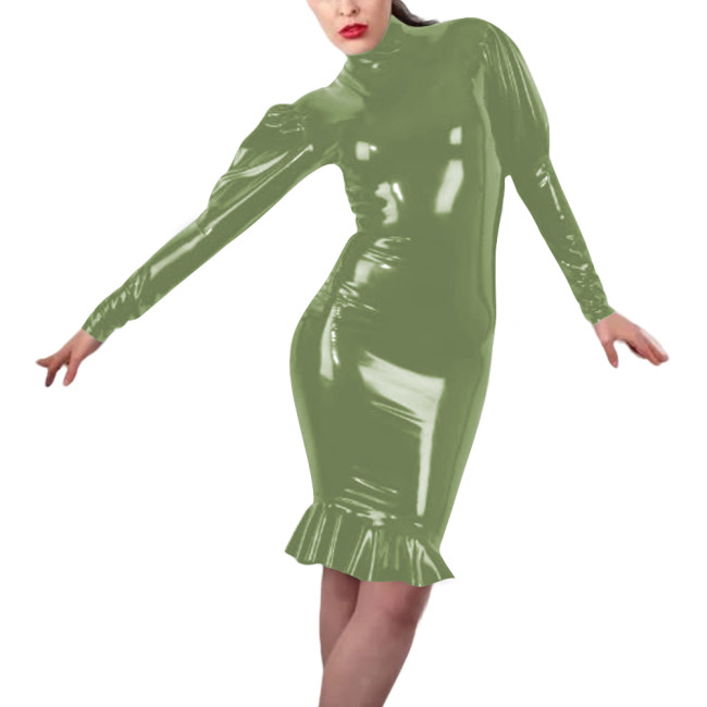 Women Sexy Tight Latex-look Dress Vinyl PVC Leather Bodycon Mermaid Dress with Long Sleeve Design Knee-length Party Club Wear
