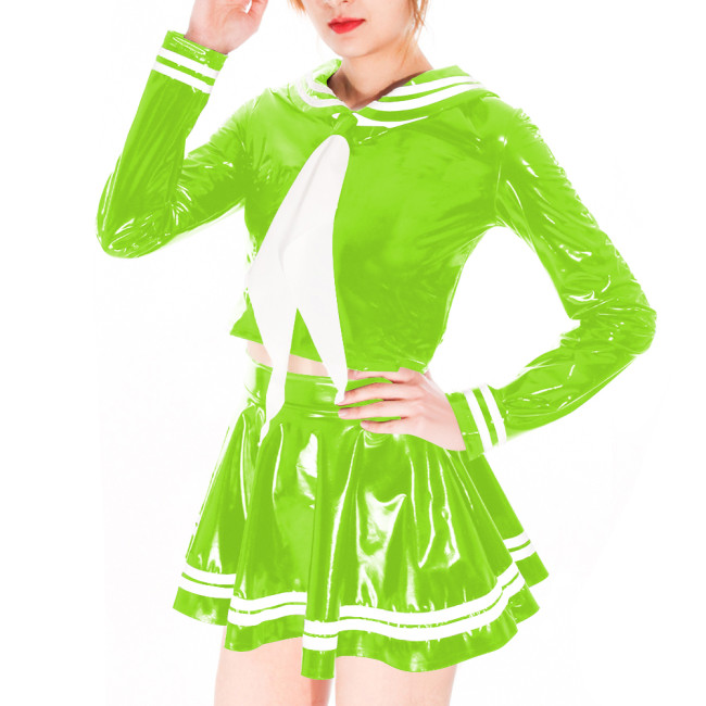 Wetlook Sexy PVC Shiny Sailor Dress Suit Crossdresser Cosplay Sailor Neck Long Sleeve Top High Waist Mini Skirts School Uniform