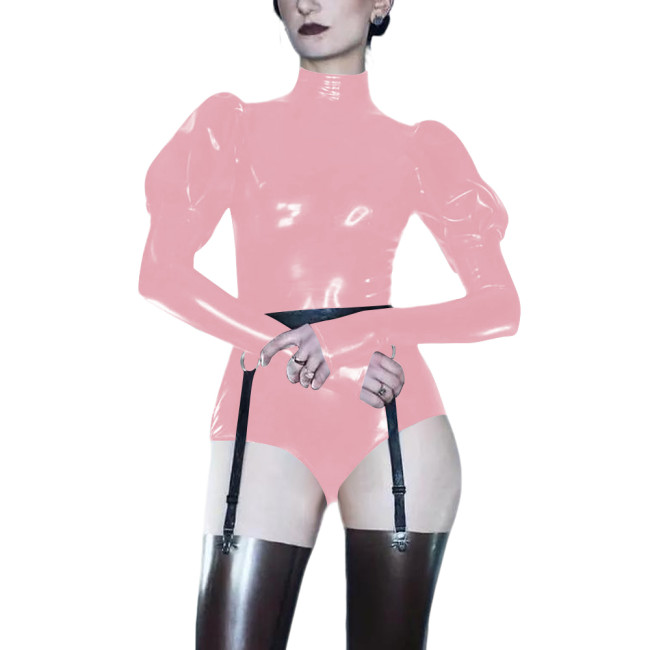 Women Turtleneck PVC Shiny Bodysuit Vinyl Patent Leather Long Sleeve Bodycon Jumpsuits Tight Tops Female Sexy Role Play Rompers