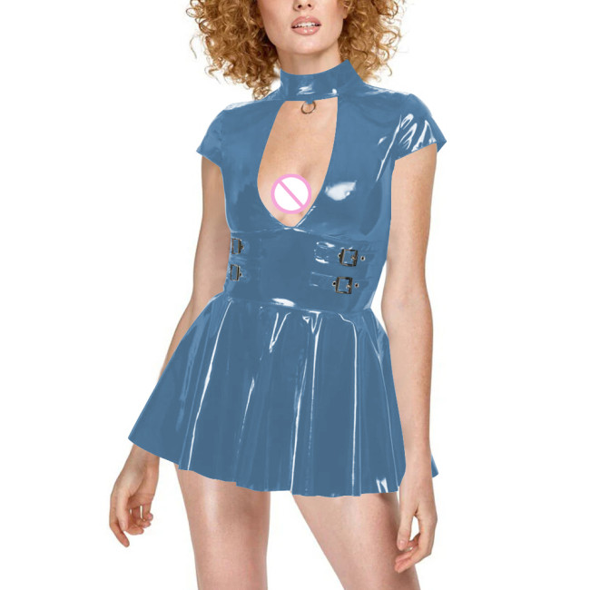 Sexy Wetlook O Ring Hollow Front Mini Dress Nightclub Shiny PVC Leather Short Sleeve Pleated Dresses Womens Festival Outfit