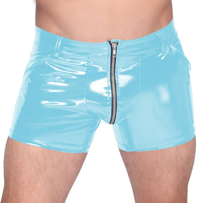 Men's Vinyl PVC Leather Tight Shorts Sexy Zip-Up Crotch Boxers Shorts Nightclub Bar Club Hot Pants Wet Look Lingerie Bottoms 7XL