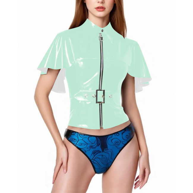 Women Vinyl PVC Leather Capelet Top Turn-down Neck Tank Shawl Jacket Female Chic Zipper Up Slim Cape Tops Plus Size Clubwear