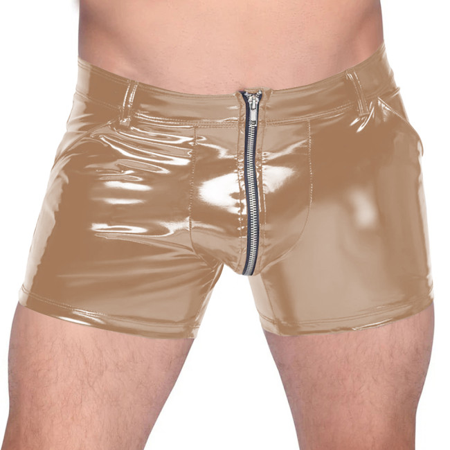 Men's Vinyl PVC Leather Tight Shorts Sexy Zip-Up Crotch Boxers Shorts Nightclub Bar Club Hot Pants Wet Look Lingerie Bottoms 7XL
