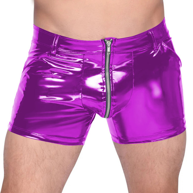 Men's Vinyl PVC Leather Tight Shorts Sexy Zip-Up Crotch Boxers Shorts Nightclub Bar Club Hot Pants Wet Look Lingerie Bottoms 7XL