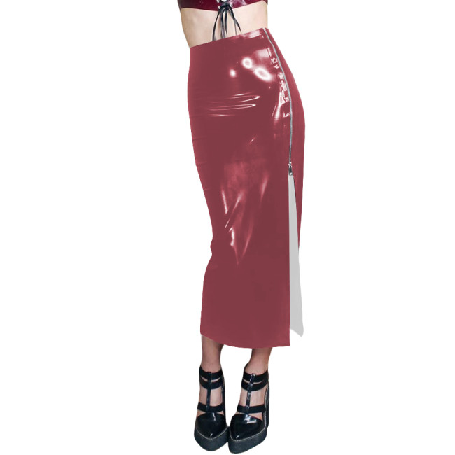 Women's High Waisted Zipper Side Split Midi Skirt Glossy PVC Leather Slim Fit Long Skirt Elegant Ladies Pencil Skirts Streetwear