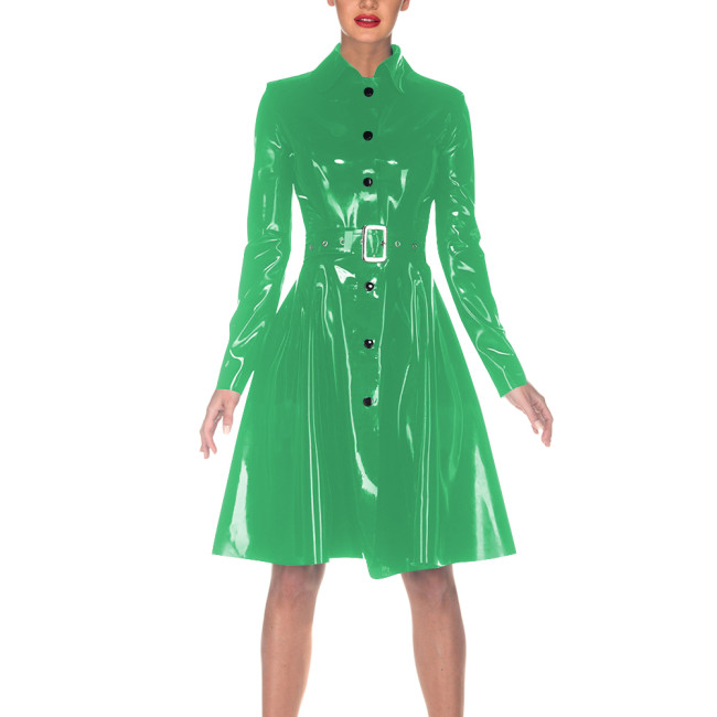 Women Elegant Vinyl PVC Leather Dress with Belt Turn-down Collar Trench Style Dresses Single-breasted Fashion Coat Clubwear