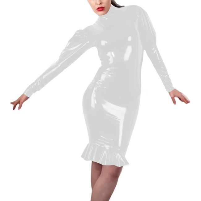Women Sexy Tight Latex-look Dress Vinyl PVC Leather Bodycon Mermaid Dress with Long Sleeve Design Knee-length Party Club Wear