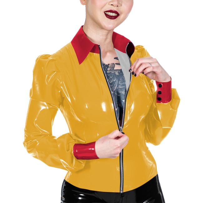 Womens Wet Look PVC Jacket Fashion Turn-down Collar Glossy Faux Leather Jacket Casual Nightclub Long Sleeve Coat Ladies Clubwear