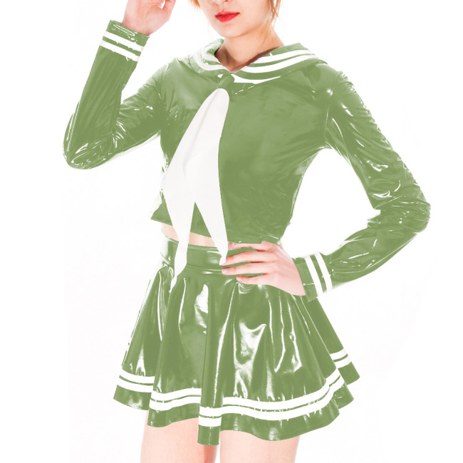 Wetlook Sexy PVC Shiny Sailor Dress Suit Crossdresser Cosplay Sailor Neck Long Sleeve Top High Waist Mini Skirts School Uniform