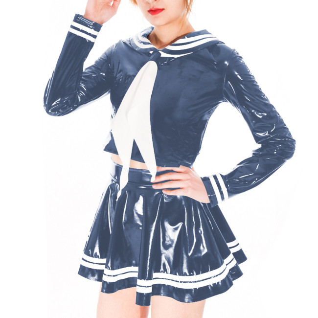 Wetlook Sexy PVC Shiny Sailor Dress Suit Crossdresser Cosplay Sailor Neck Long Sleeve Top High Waist Mini Skirts School Uniform