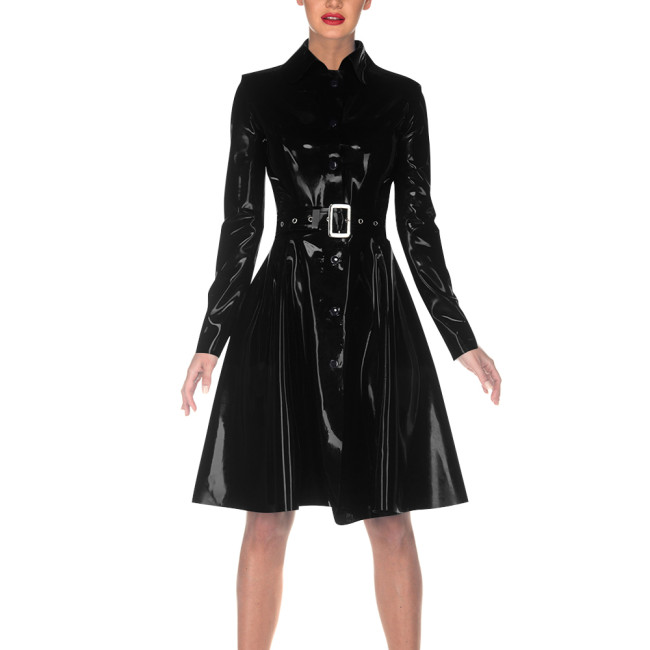 Women Elegant Vinyl PVC Leather Dress with Belt Turn-down Collar Trench Style Dresses Single-breasted Fashion Coat Clubwear