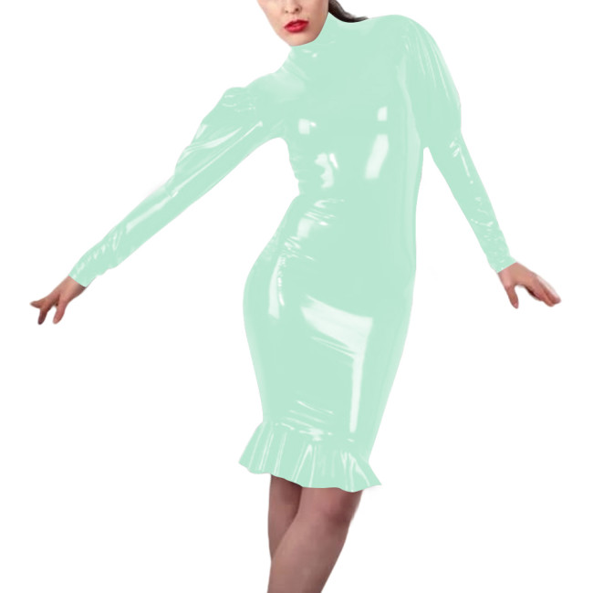 Women Sexy Tight Latex-look Dress Vinyl PVC Leather Bodycon Mermaid Dress with Long Sleeve Design Knee-length Party Club Wear