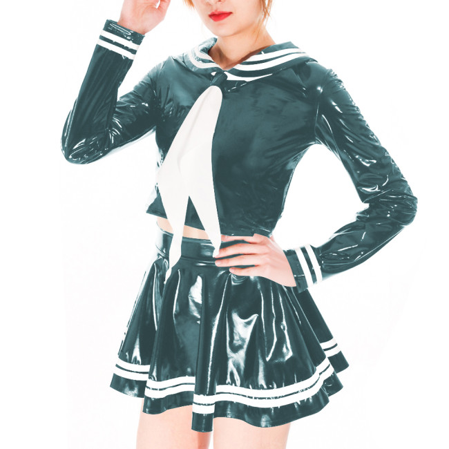 Wetlook Sexy PVC Shiny Sailor Dress Suit Crossdresser Cosplay Sailor Neck Long Sleeve Top High Waist Mini Skirts School Uniform