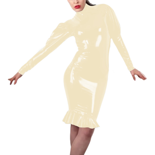 Women Sexy Tight Latex-look Dress Vinyl PVC Leather Bodycon Mermaid Dress with Long Sleeve Design Knee-length Party Club Wear
