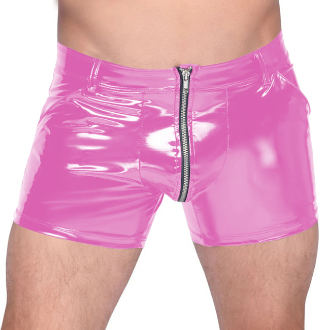 Men's Vinyl PVC Leather Tight Shorts Sexy Zip-Up Crotch Boxers Shorts Nightclub Bar Club Hot Pants Wet Look Lingerie Bottoms 7XL